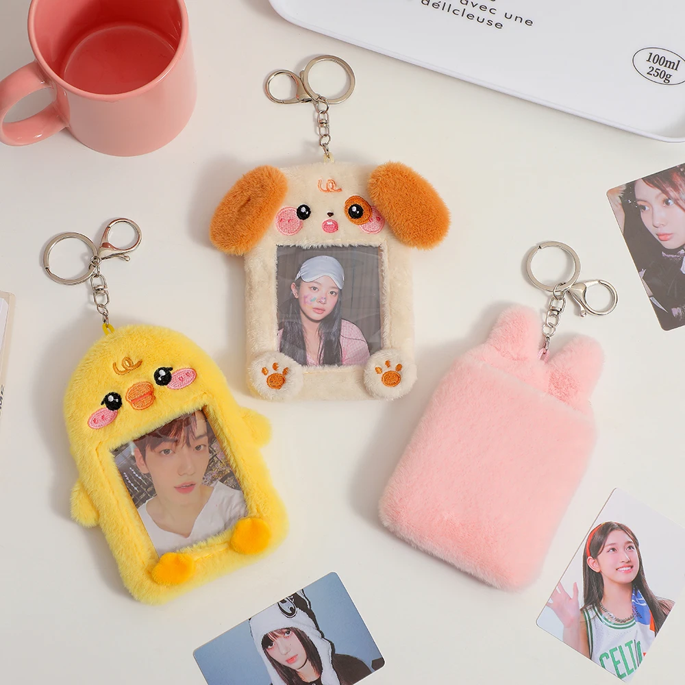 Photo Card Holder Kawaii Cartoon Photocard Holder Animal Series Soft Plush 3 Inch Kpop Photo Card Holder Bag Pendant School Stationery