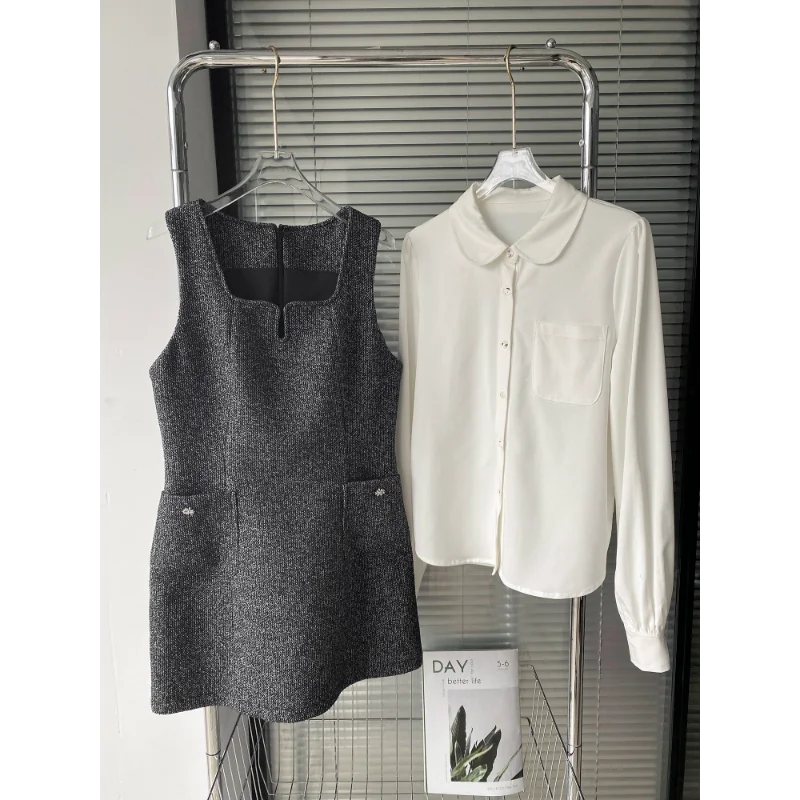 Women Shirt Collar Small Fragrance Vest Dress Set Fashion Simple Elegant French Office Korea Office Two-piece Tweed Lady Suit