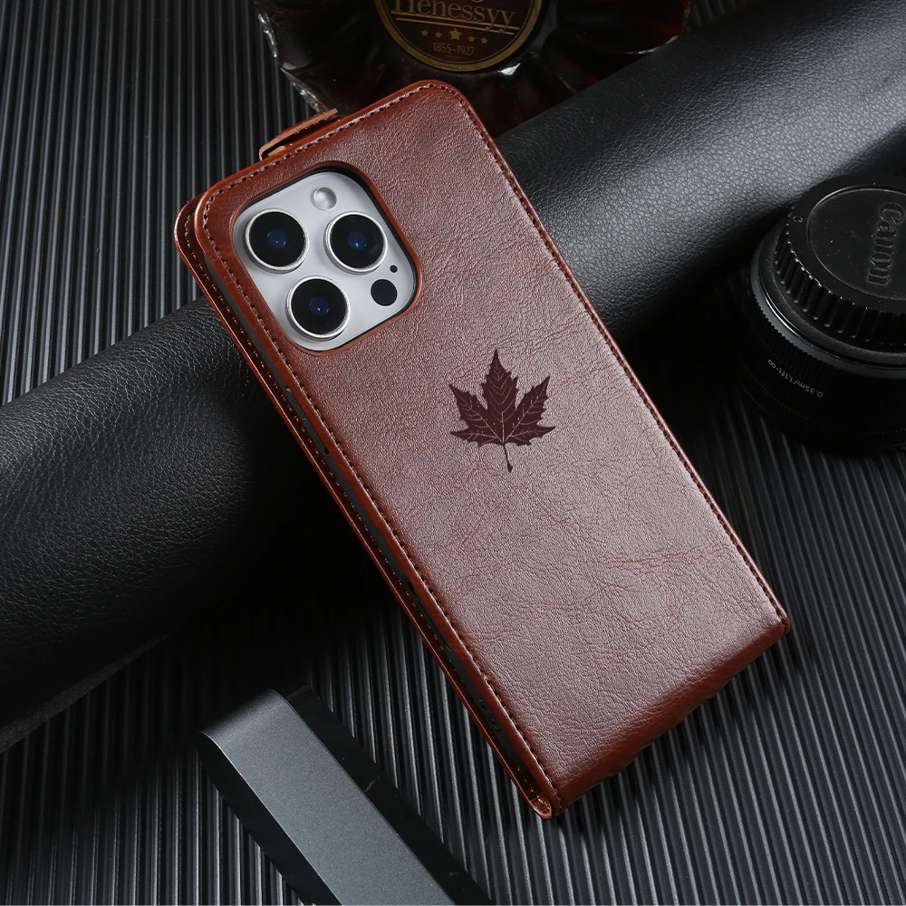 Elegant Maple Leaf Leather Phone Case with Card Slot - Front & Back Cover
