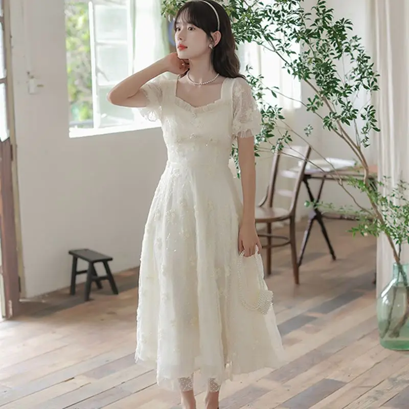 

2023 Women's Dresses Summer New Lace Bow Square Neck Loose and Comfortable Free Shipping