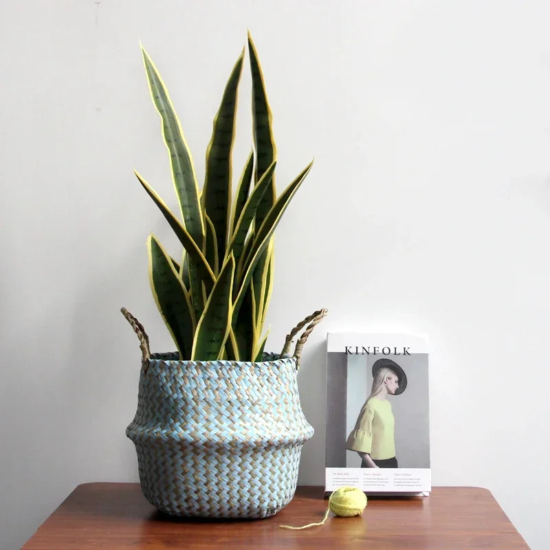 Home Cestas Mimbre Striped Wicker Storage Baskets Laundry Basket Handmade Collapsible Straw Patchwork Seagrass Osier Panier 3