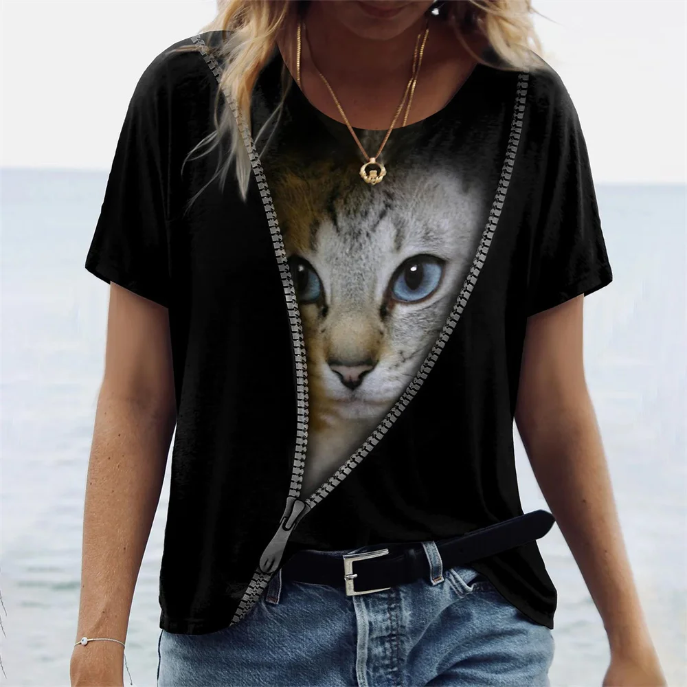 

2023 Fashion Women's T-Shirts Animal 3D Print Tops Short Sleeve T Shirt Summer Kawaii Cat Graphic Tees Loose Oversized Clothing