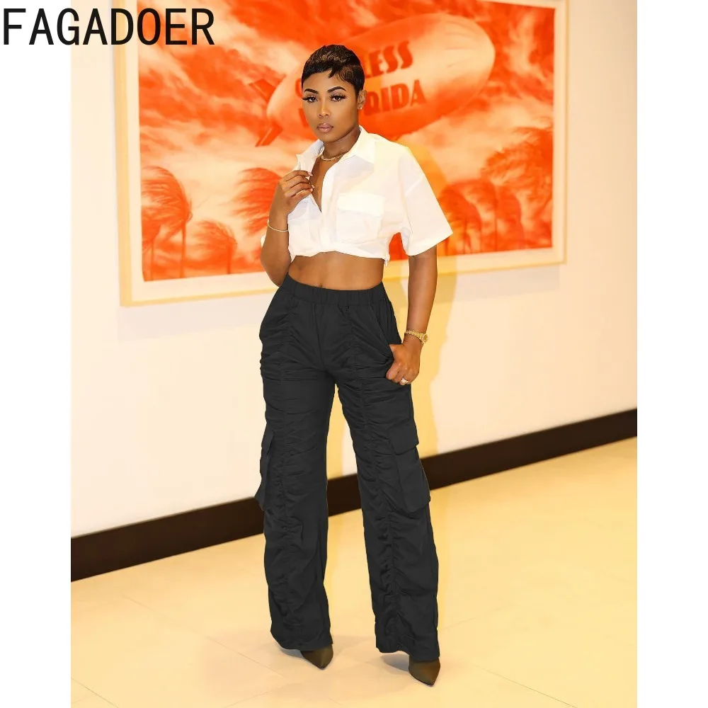 FAGADOER Green Casual Pleated Design Cargo Pants Women High Waisted Ruched Pocket Trousers Autumn Female Sporty Bottoms 2023 New