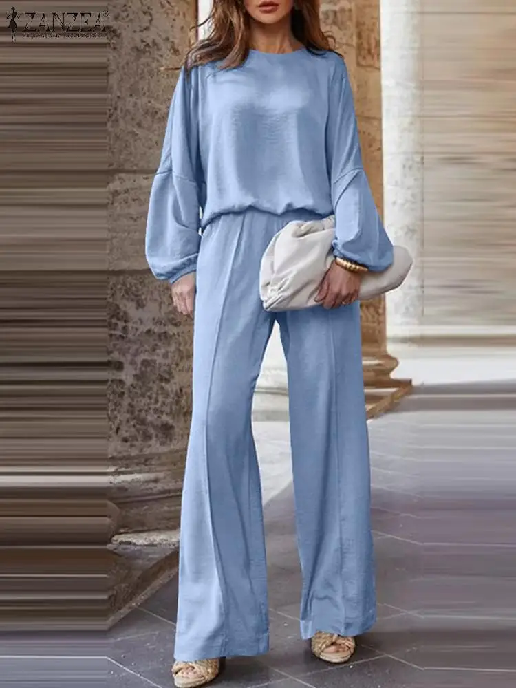 

Весенний модный костюм ZANZEA, однотонные рабочие комплекты, женская одежда, повседневная блузка с длинным рукавом и широкие брюки, городские спортивные костюмы