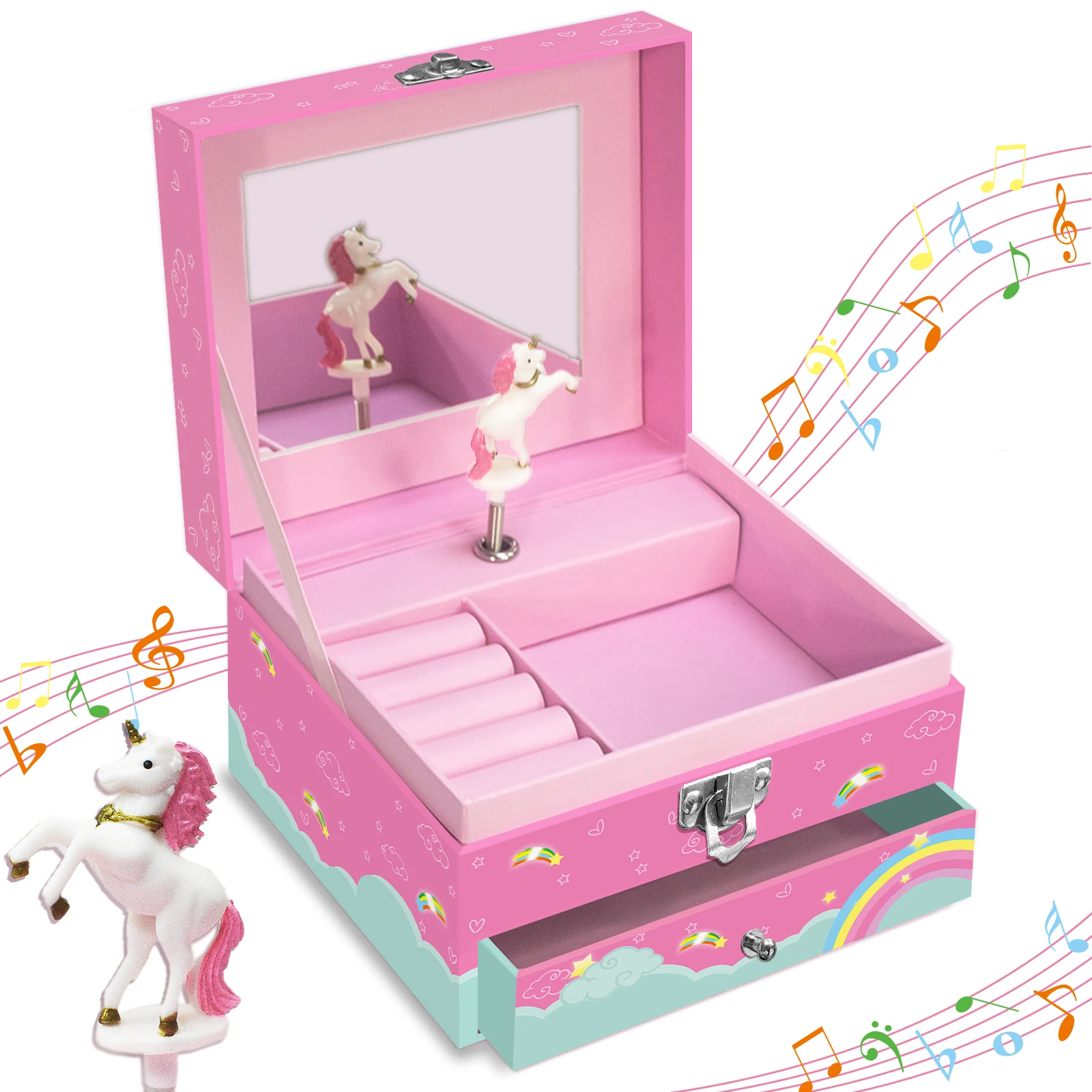 Magical Unicorn Jewelry Box, Spinning Unicorn with Jewelry Drawer, Small Rectangular, Square Jewelry Box 4