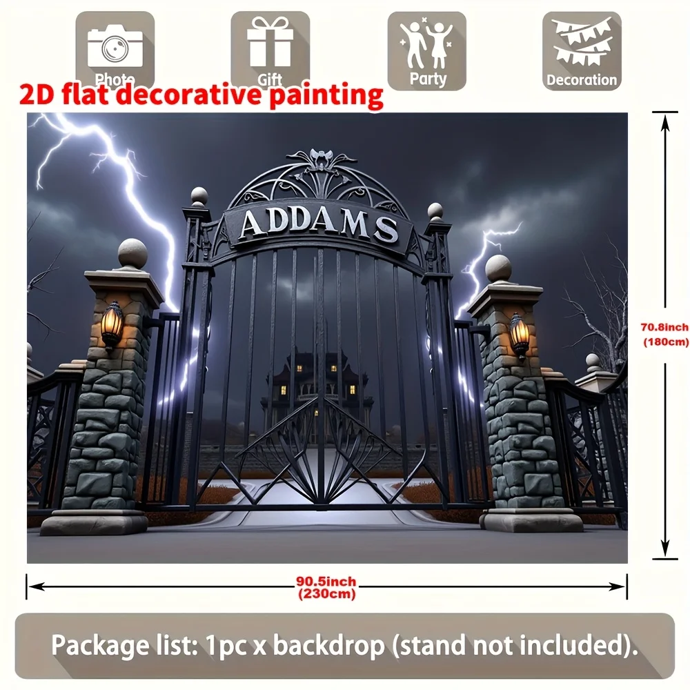2D flach, 2D flaches Banner, 1 Stück Halloween-Schädel-Hexe-Hintergrundtuch und Blitzdruck des Adams Family Mansion Gate – Detail 3