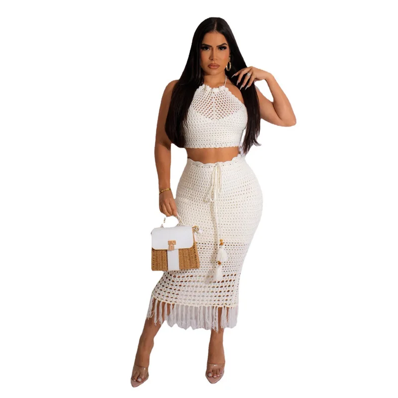 Women Clothing Sexy Solid Color Handmade Knitted Tassel Beach Dress