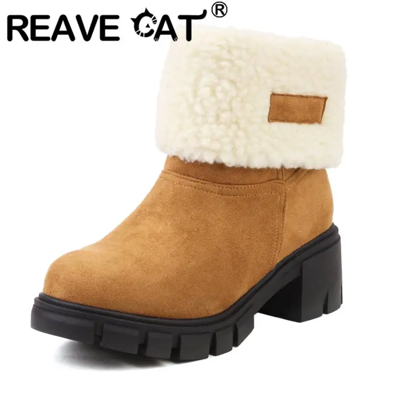 

REAVE CAT Woman Winter Snow Outdoor Boots Plush Round Toe Block Heel Slip On Big Size 43 Solid Warm Shoes Casual Daily Booties