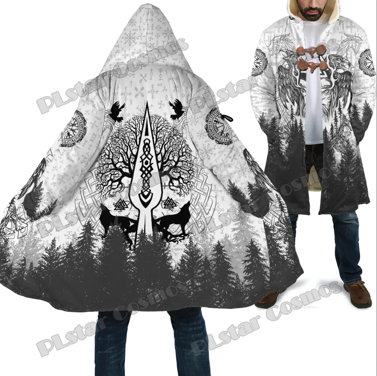 PLstar Cosmos Odin and Raven Forest Tattoo 3D Printed Mens Fleece Hooded Cloak Winter Unisex Casual Thick Warm Cloak Coats PF138 plstar cosmos dinosaur unicorn ride hard 3d printed mens ugly christmas sweater winter unisex casual knit pullover sweater zzm36