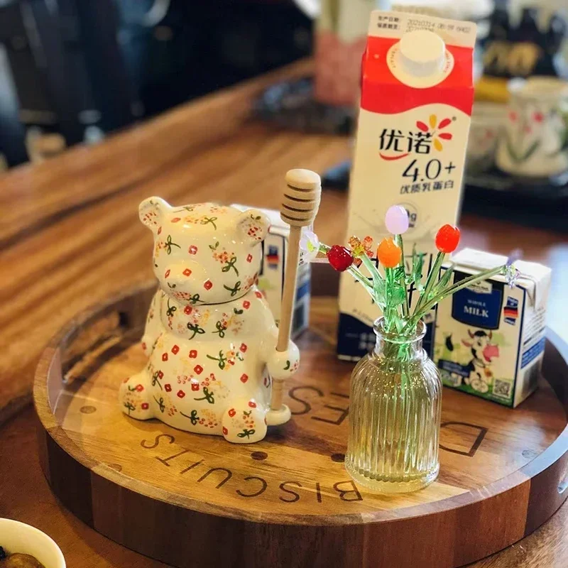 Ceramic Cute Bear Honey Jar with Lid Candy Storage Jar For Kitchen Honey Spoon Tea Storage Box Kitchen Accessory Home Decor Ceramic Storage Jar Spice Storage Box