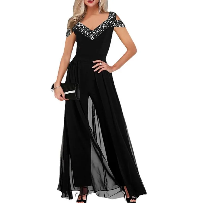 Summer Women's Elegant Printed V-neck Off Shoulder High Waist Jumpsuit Commuting Female Casual Fashion Wide Leg Jumpsuits New