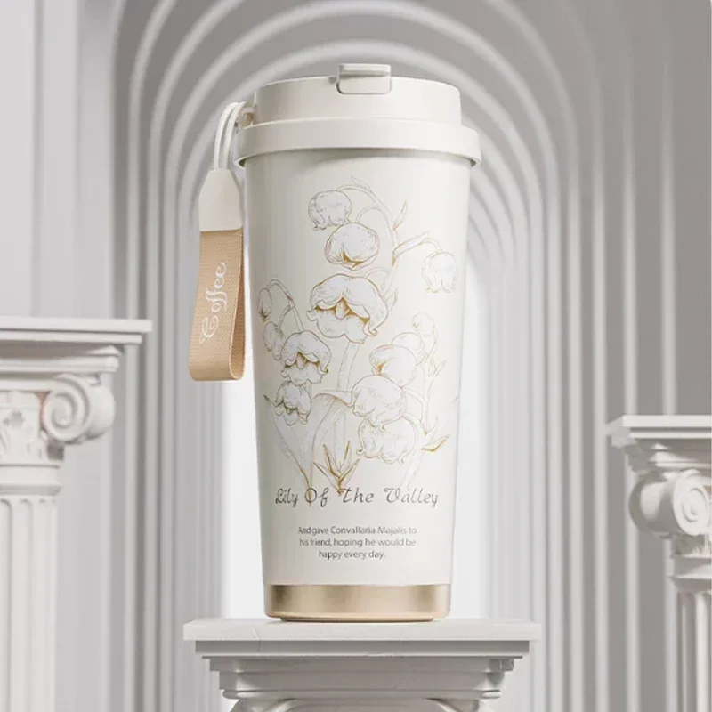 2025 Hot Lily of The Valley Design Travel Portable Leakproof Sippy Cup Coffee Cup Stainless Steel Car Cold Handy Cup