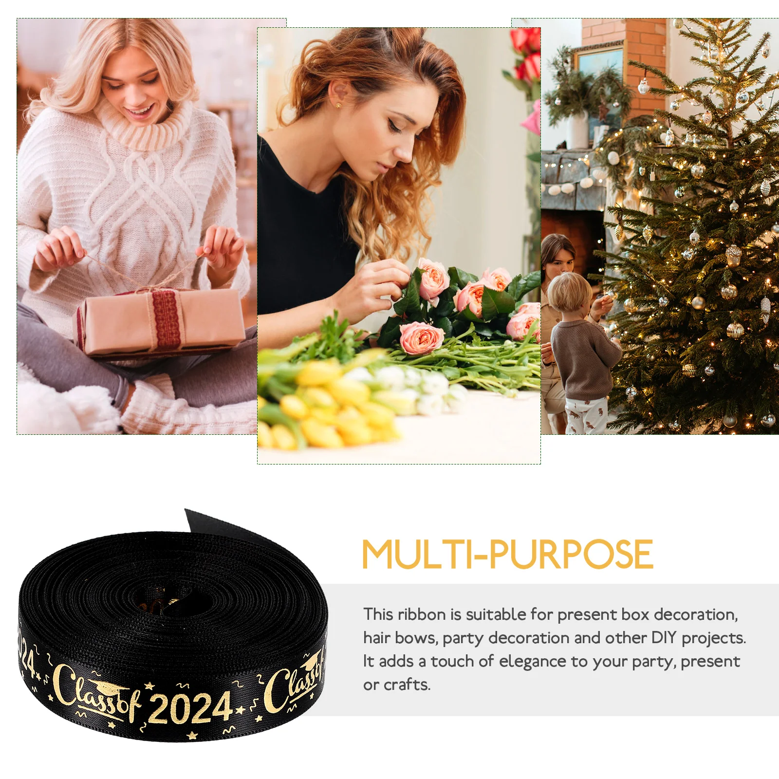 졸업 리본 클래스 2024, 졸업 축하, 새틴 블랙 골드, 축하 교실 파티 용품, 선물 포장