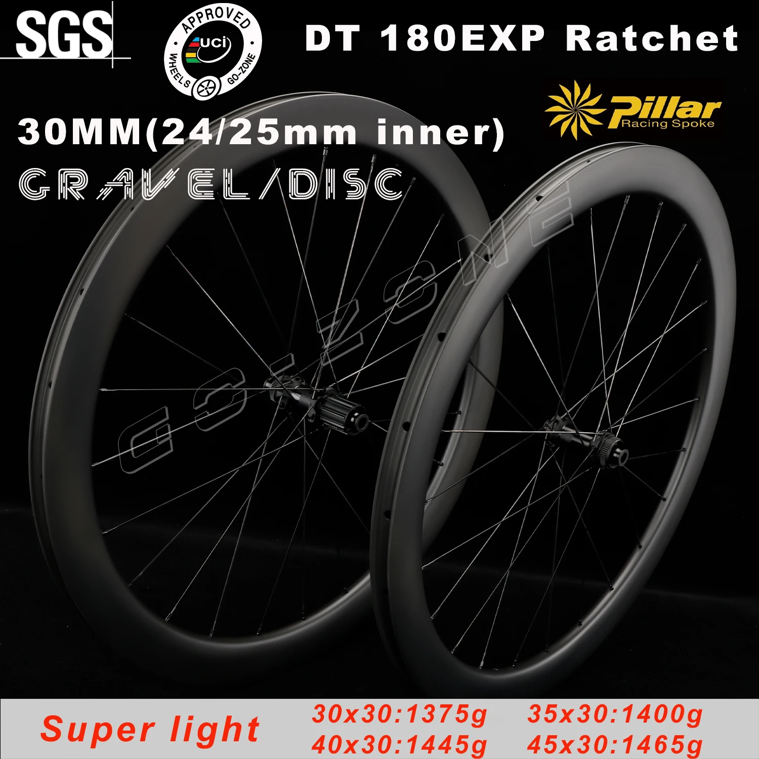 

700c Road Carbon Wheelset Disc Brake DT 180 Ratchet Ultralight 30mm Gravel / Cyclocross Pillar 1423 UCI Approved Bicycle Wheels