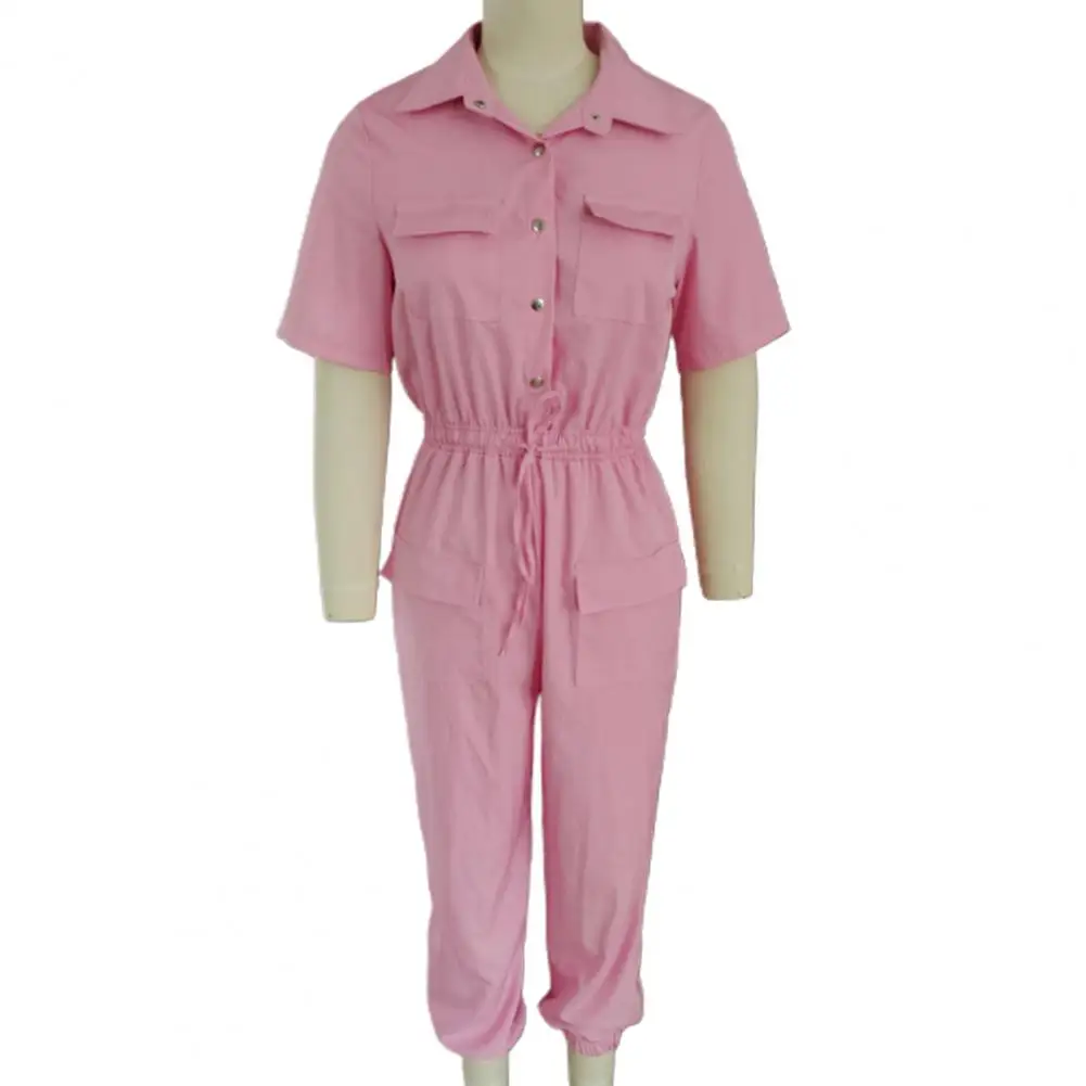 Ankle-banded Jumpsuit Versatile Women's Cargo Jumpsuit Stylish Turn-down Collar Slim Fit with Multi Pockets Elastic Waist Solid