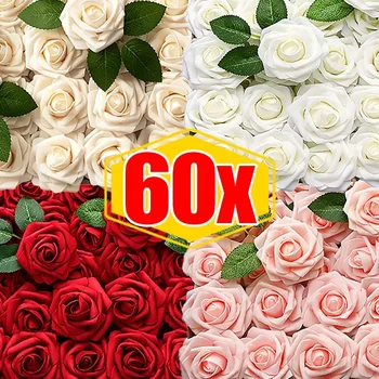 60/5Pcs Artificial Roses Flowers Foam Fake Rose Heads with Stems for DIY Wedding Bouquets Home Party Tables Decorations Supplies