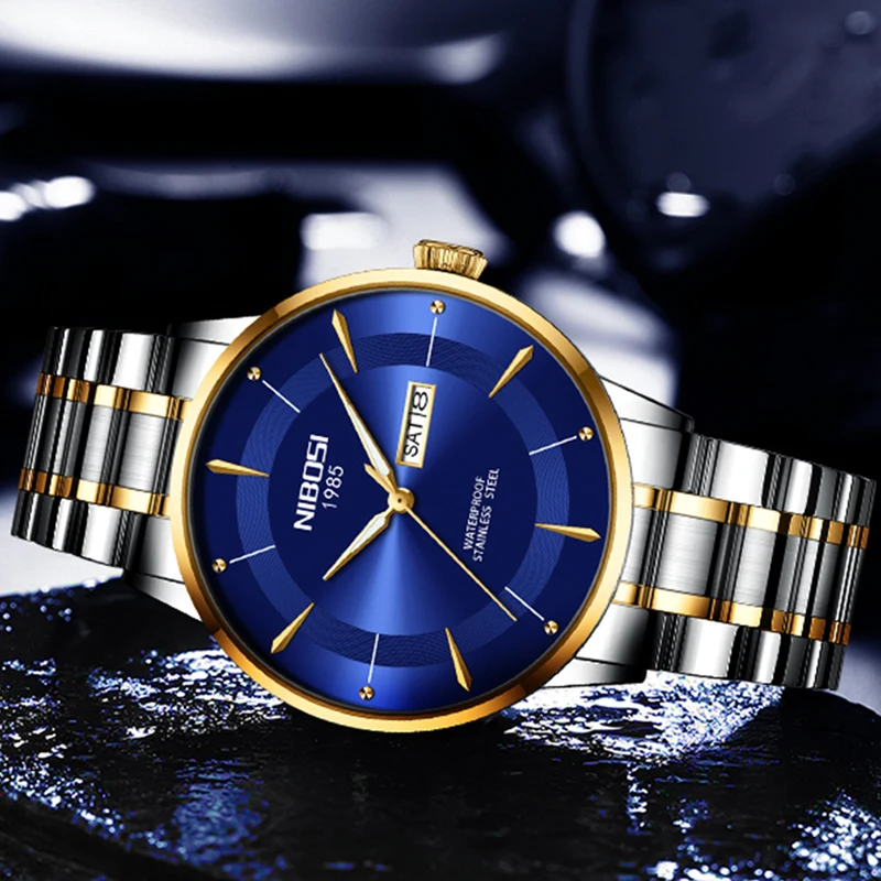 NIBOSI Brand Fashion Blue Quartz Watch for Men Stainless Steel Sport Waterproof Week Date Business Men Watches Relogio Masculino
