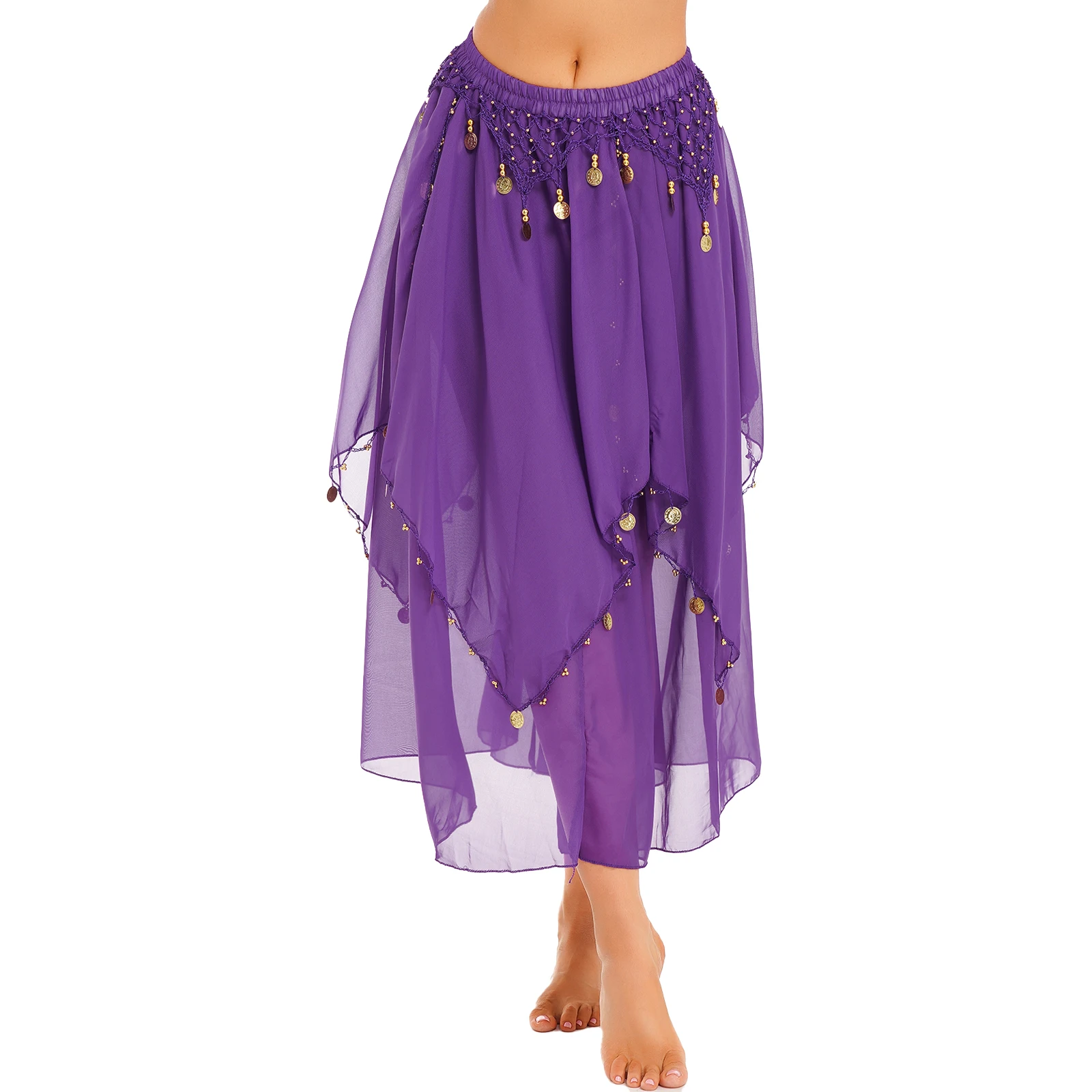 

Women Sequin Beaded Belly Dance Costume Hip Scarf Skirt Tassel Fringed Coins Chiffon Carnival Rave Party Performance Dance Wear