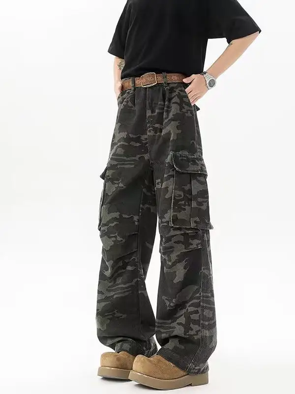 American Retro Men's Lazy Camouflage Workwear Jeans Multi-Pocket Straight Leg Casual Trousers Durable Comfortable Summer Jeans