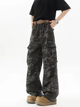 American Retro Men's Lazy Camouflage Workwear Jeans Multi-Pocket Straight Leg Casual Trousers Durable Comfortable Summer Jeans
