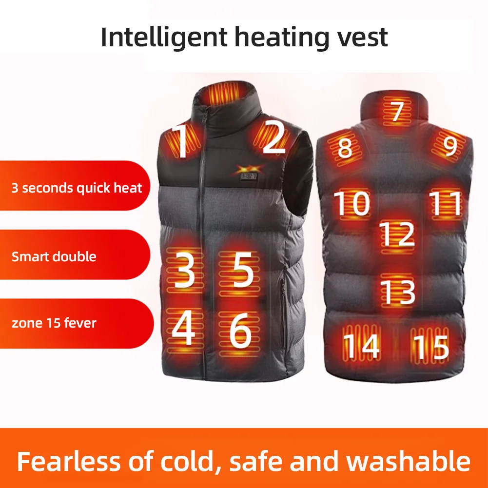 

15-zone Warm Electric USB Jacket Heated Vest Constant Temperature And Warmth Stand Collar Windproof Men Women Heating Waistcoat