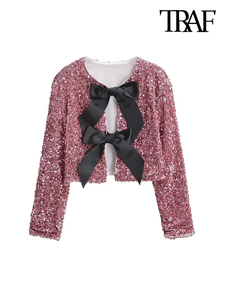 TRAF-Women's Long Sleeve Sequined Cropped Jacket, O Neck Coat, Female Outerwear, Chic Tops, Bow Tied 5