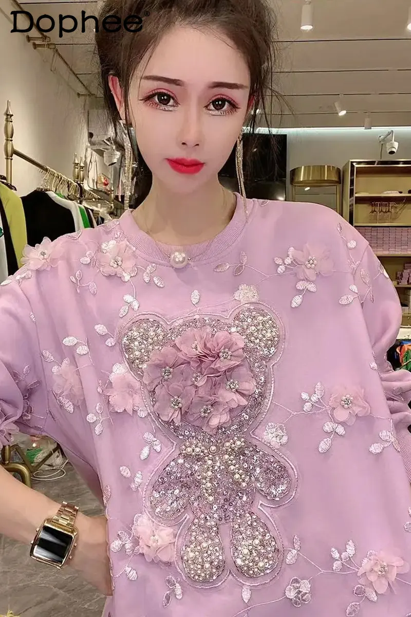 

Heavy Embroidery Sequins Beaded Sweet Pink Petals Sweatshirt Women Spring Autumn New Loose Round Neck Mid-Length Hoodie Coat Top