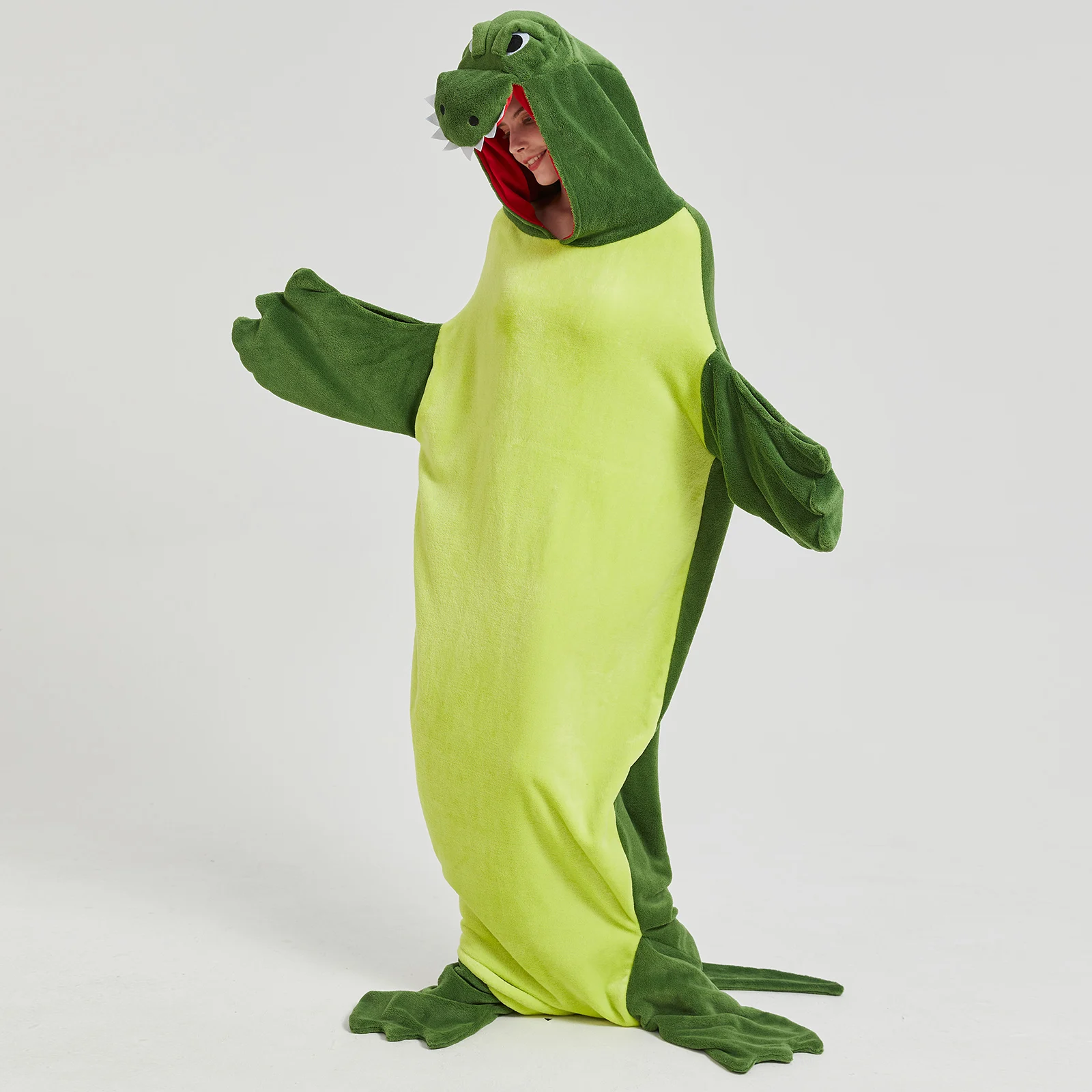 Adult Plush Romper Pajamas Cute Crocodile Sleepwear Long Sleeve Hood Jumpsuit for Women