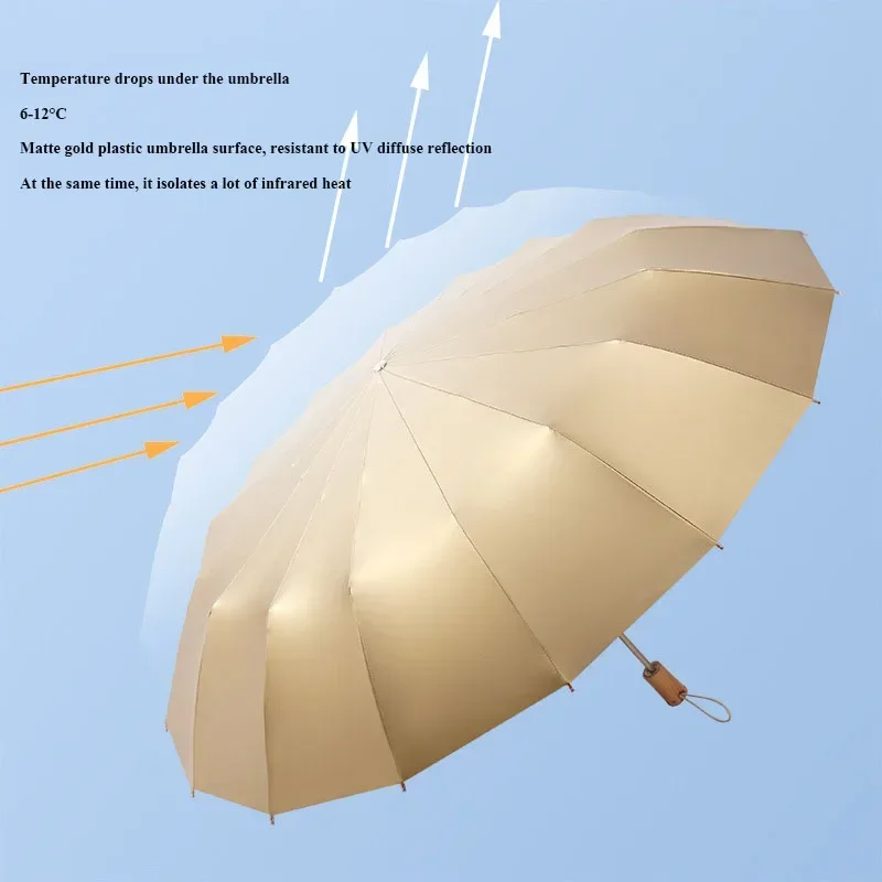 Windproof Folding Umbrella for Men and Women UV Shade Gold Glue Sun Protection Sunny and Rainy 16 Bone