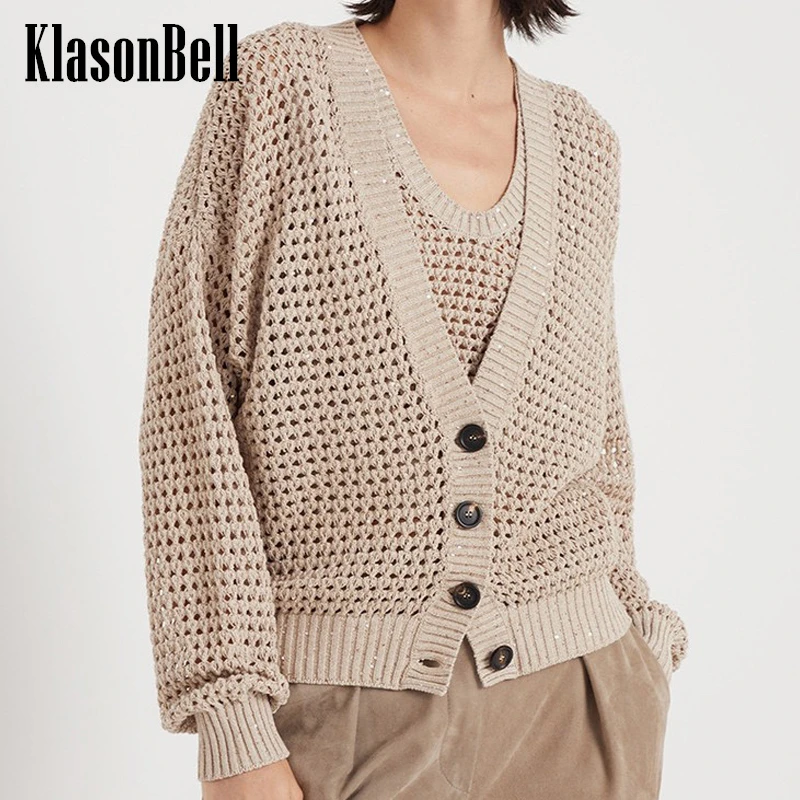 

4.24 KlasonBell Sequins Hollow Out Breathable Cotton Knit Cardigan Women's Casual Classic V-Neck Long Sleeve Knitwear