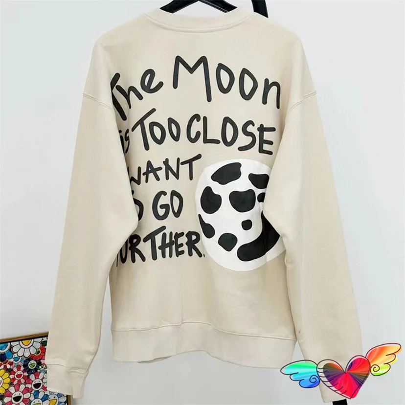 

Apricot Broken Planet Market BPM Sweatshirts Men Women Puff Print Broken Planet The Moon Hoodie Loose Pullovers Fleece Crewneck