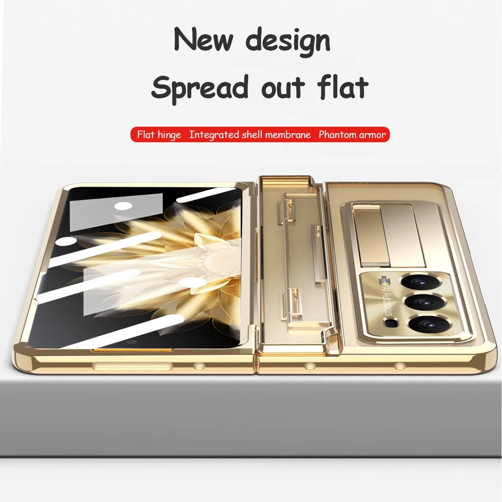 Leveling Hinge Case For Honor Magic V2 Plateing Hard Cover with Kickstand Camera Protection with Front Glass Wireless Charge