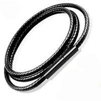 Collier en cuir noir ciré pour hommes et femmes, 3mm, 60cm, 70cm, ras du cou tressé, connecteurs de tubes en acier inoxydable, fermoir 4