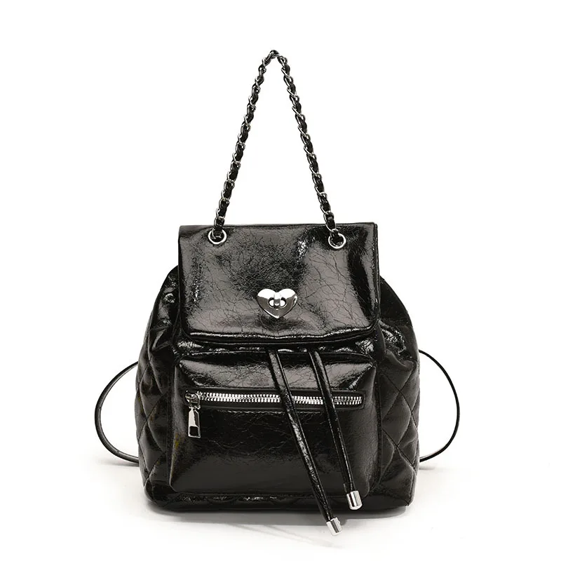 Brand Designer Laser Shiny Patent Leather Women's backpack  Casual Chain Drawstring Lock  Bucket School Bag Travel Bag 5