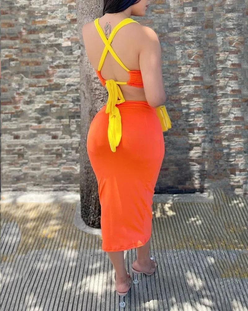

Women Dress Sexy Backless Spring And Summer Strap Fashion High Waist Slim Bag Hip Orange Stitching Round Neck Strap Sleeveless