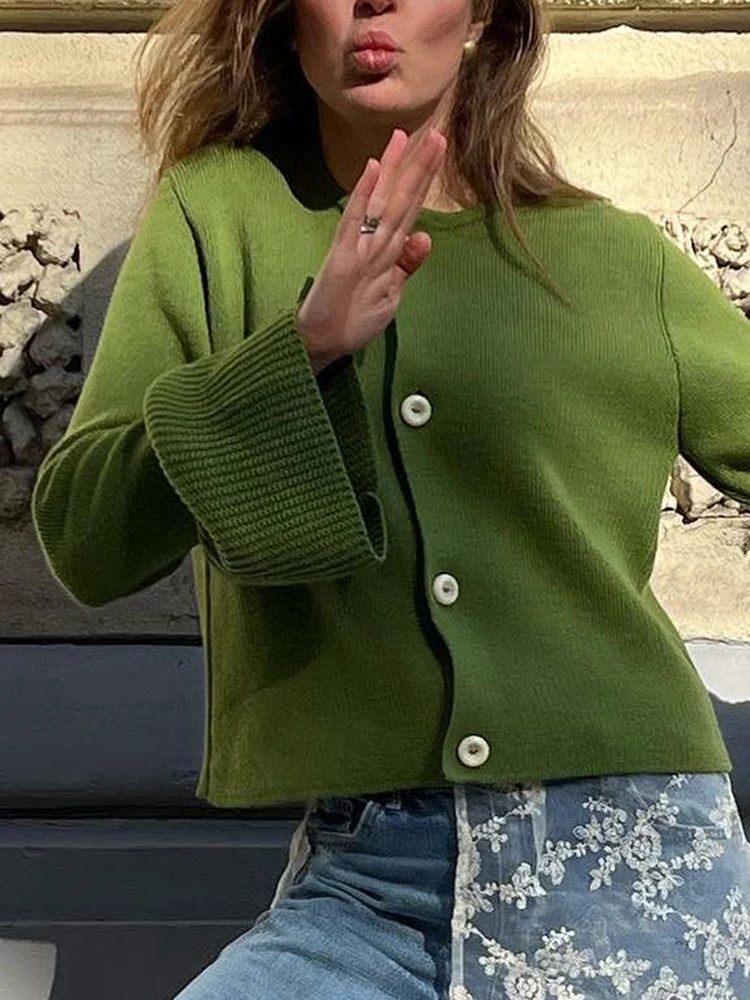 Aoaiiys 여성용 니트 카디건 스웨터 가을 겨울 싱글 브레스트 플레어 슬리브 오넥 코트 심플 솔리드 패션 카디건