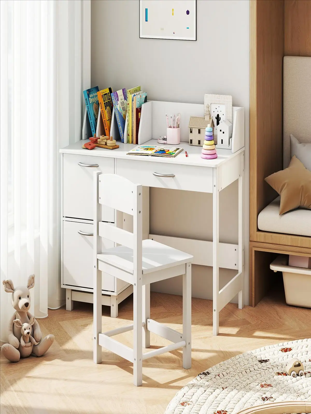 Kinderschreibtisch-Set mit Stuhl, Schülerschreibtisch mit Regal, offenem Regal und Aufbewahrungsschrank, Jugendschreibtisch – Detail 1
