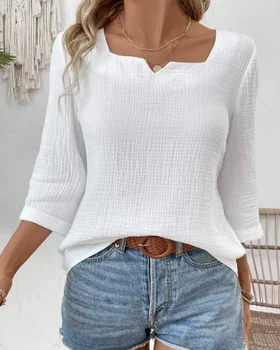 Casual Crinkled Texture Square Neck Notched Three Quarter Sleeve Blouse With Rolled Cuffs Loose Fit For Daily Wear And Summer Be 1