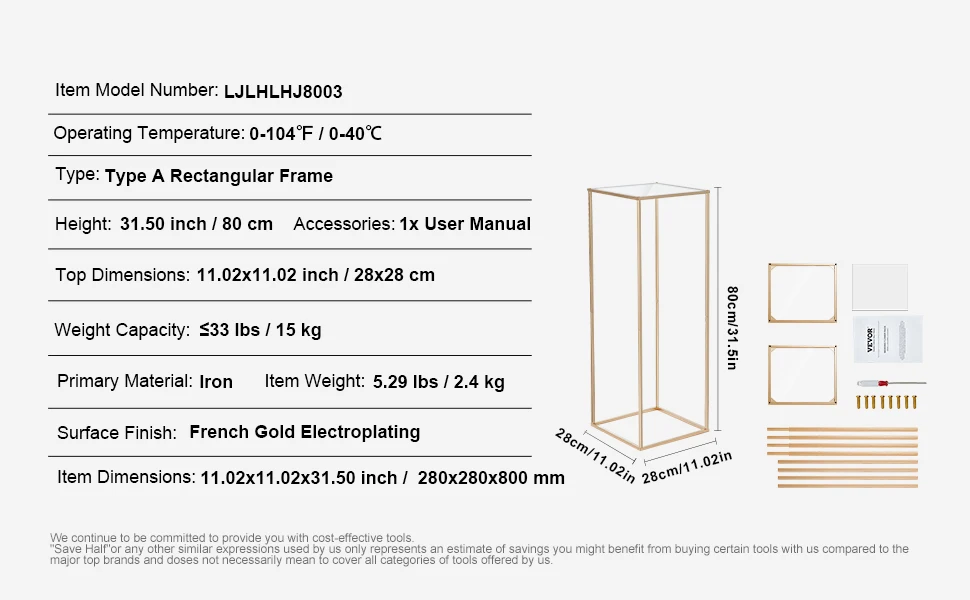 VEVOR Portafiori Cubico Per Matrimonio - 4 Pezzi | Altezza 80 Cm | In Metallo Dorato | Per Centrotavola - Foto 3