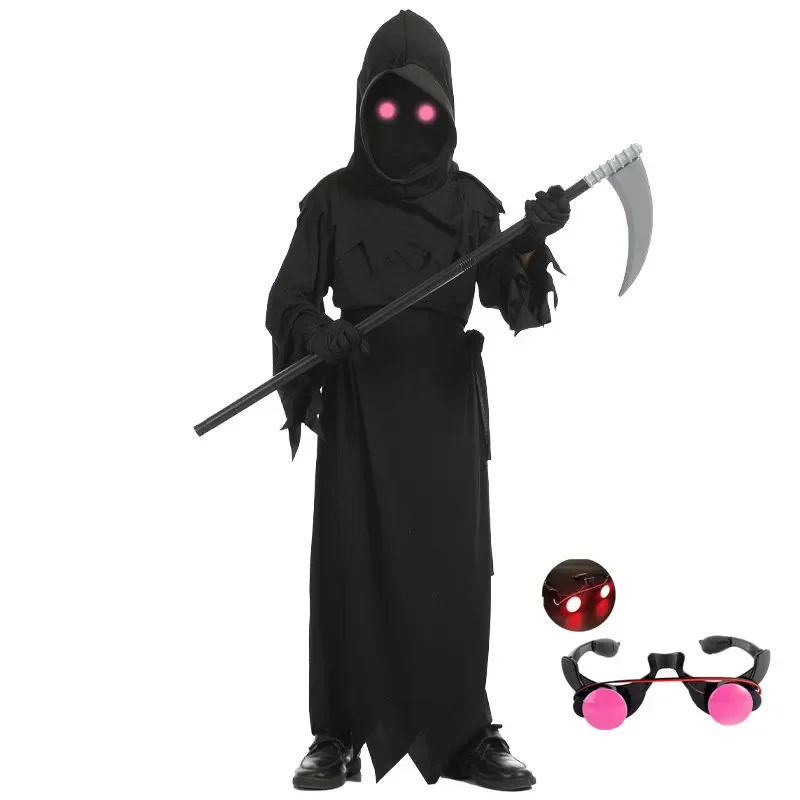 Halloween-Kostüm Für Kinder – Sensenmann-Set Mit Kapuze, Kette, Handschuhen Und Leuchtender Maske
