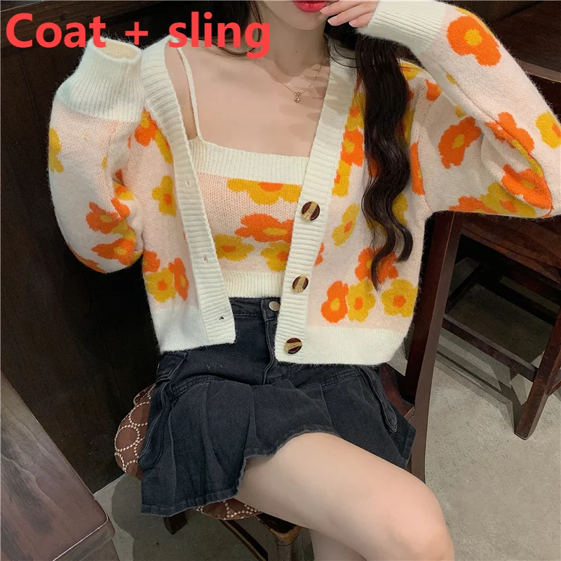 long cardigan 2022 Sweater Cardigan Women's Outer Wear Spring And Autumn Knitted Cardigan Suspender Two-piece Set Of Early Autumn New Lazy pink cardigan Sweaters