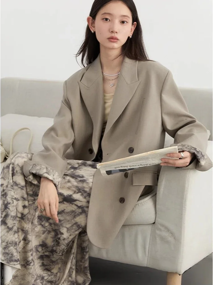 CHIC VEN Women Blazer Solid Loose Korean Wide Shoulder Female Jacket Double Breasted Woman Coat Spring Autumn