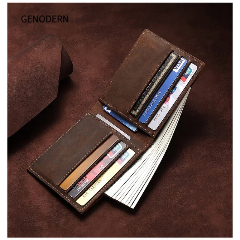 GENODERN Crazy Horse Leather Men\'s Wallet Vintage Cow Leather Wallet for Men Slim Male Purse