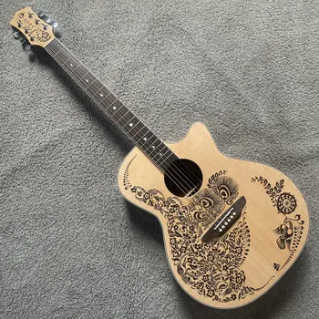 Genuine Luna Acoustic Guitar 40'Henna Oasis Spruce Top with Carved Design Mahogany Back&Side New Authorised Produced