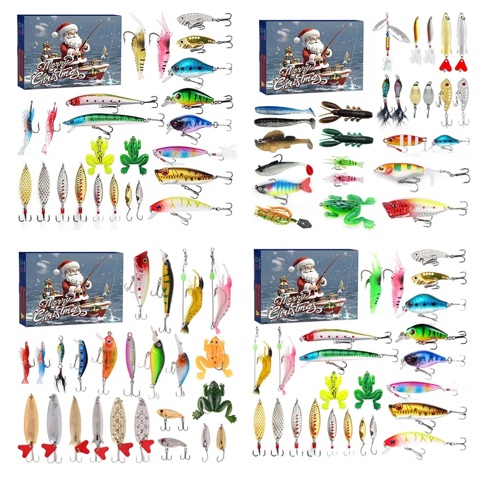 Calendario dell'Avvento da pesca 2024 Calendario per il conto alla rovescia dell'Avvento con amo da pesca di Natale Pratico set di esche da pesca da 24 giorni Festivo
