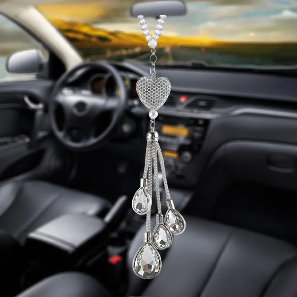 

Sparkling Heart Faux Crystal Tassel Car Rear View Mirror Charms Beads Lanyard Car Pendant Decoration Lucky Hanging Interior Orna