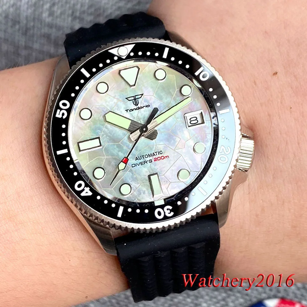 20ATM 37mm Watch Waterproof  Tandorio Mens Watch Blue Black White Dial Green Luminous Rubber Strap Sapphire Glass Rotating Bezel