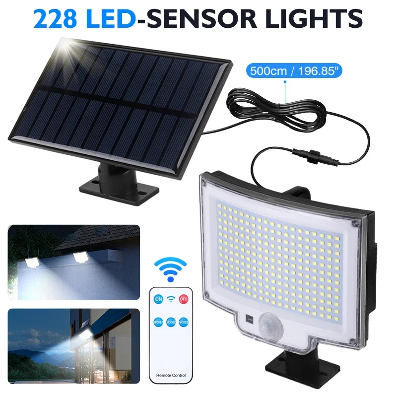 

118/228 LED Solar Lights with Motion Sensor Outdoor Waterproof Floodlight Remote Control for Porch Yard Garage 3 Lighting Modes