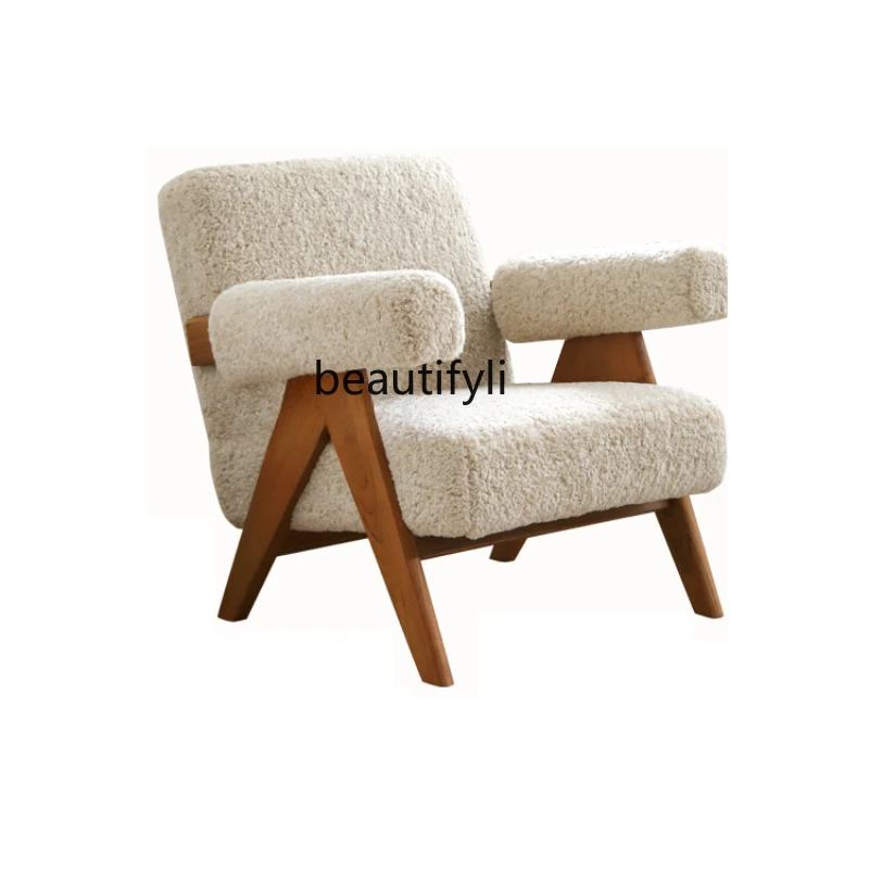 

Chinese Ancient Style Chandigar Leisure Chair Living Room Balcony Teak Couch Solid Wood Lamb Wool Sofa