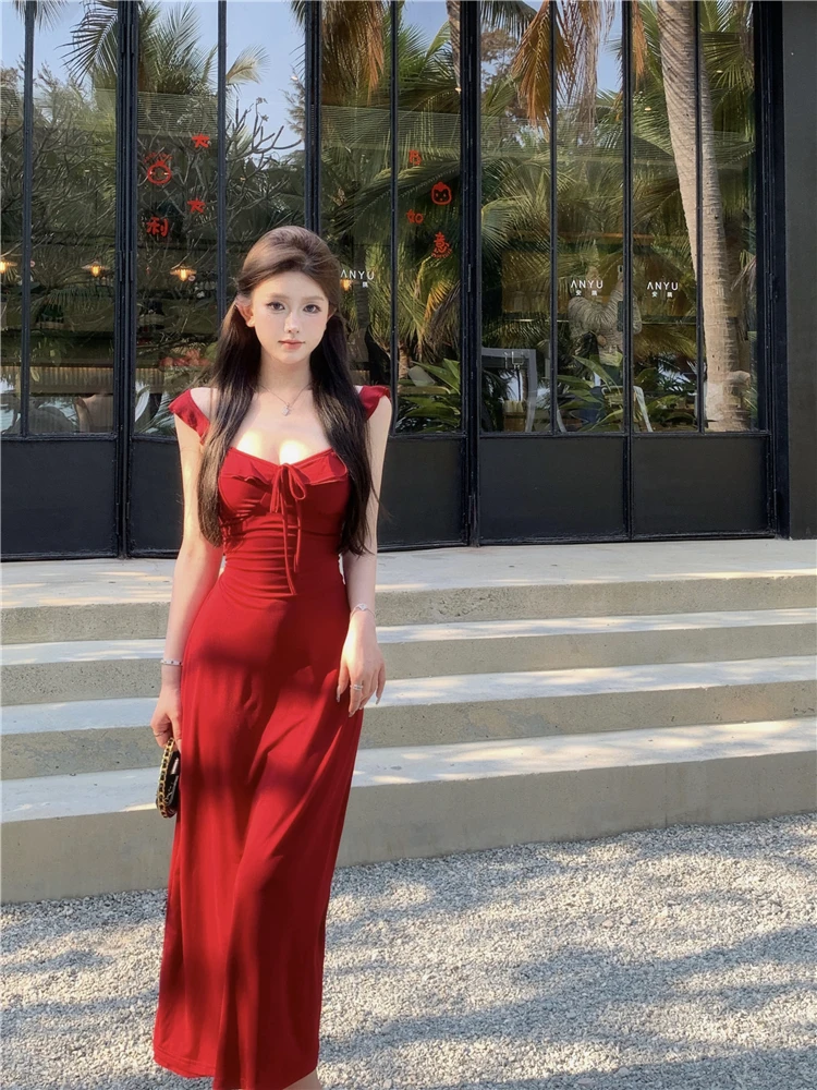 Spaghetti Strap Knitted Dresses for Women Lace-up Slim Solid Square Collar Elegant Sexy Korean Fashion Vestidos Mujer New